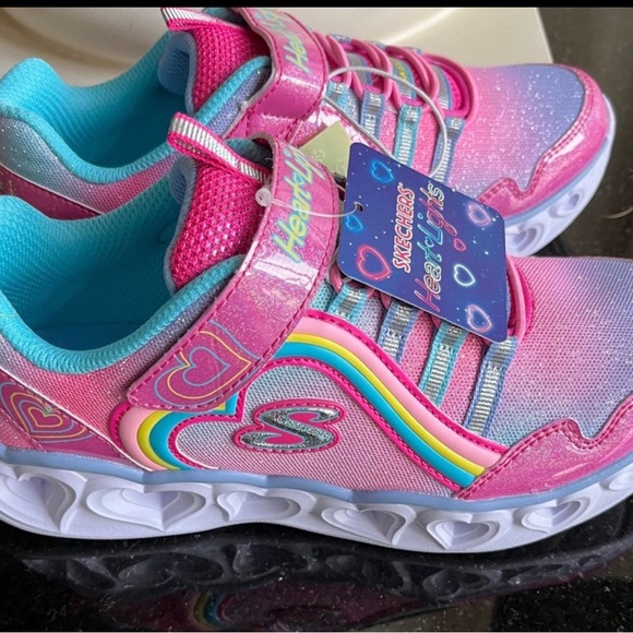 Sketchers Heart Light Up Shoes Pink Glittery Sneakers White Sole - Picture 5 of 16